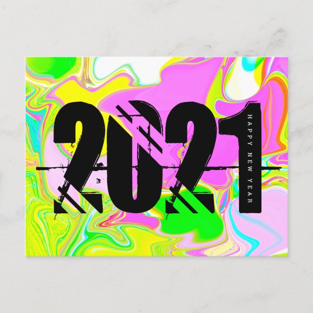 Postal 2021 Año Nuevo Trippy Neon Liquid Negrita Fuente (Anverso)