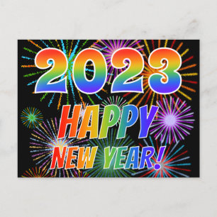 Postal 2023 FELIZ AÑO NUEVO!, colorido patrón de fuegos a