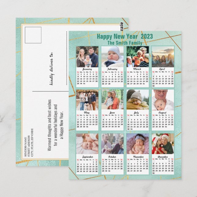 Postal 2023 Mint Green Modern Family 12 Photo Calendar (Anverso / Reverso)
