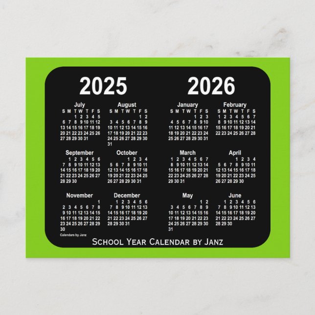 Postal 2025-2026 Calendario escolar de Neon verde amarill (Anverso)
