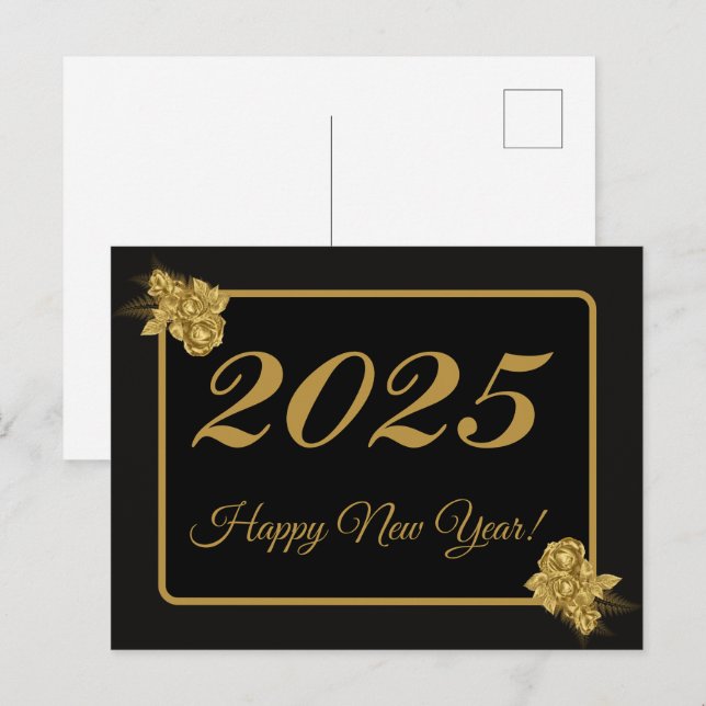 Postal 2025, ¡Feliz año nuevo! Flor dorada y fondo negro (Anverso / Reverso)
