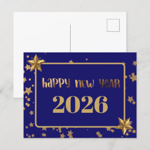 Postal 2026, ¡Feliz año nuevo! estrellas de oro y fondo m