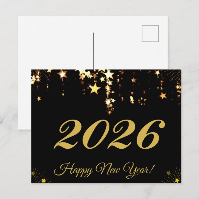 Postal 2026, ¡Feliz año nuevo! estrellas de oro y fondo n (Anverso / Reverso)