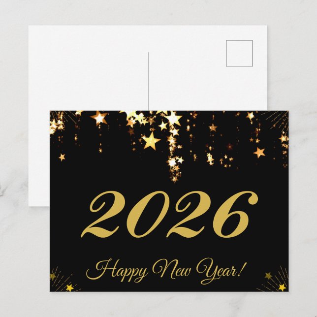Postal 2026, ¡Feliz año nuevo! estrellas de oro y fondo n (Anverso / Reverso)