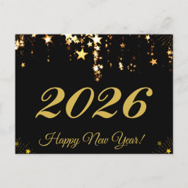 Postal 2026, ¡Feliz año nuevo! estrellas de oro y fondo n