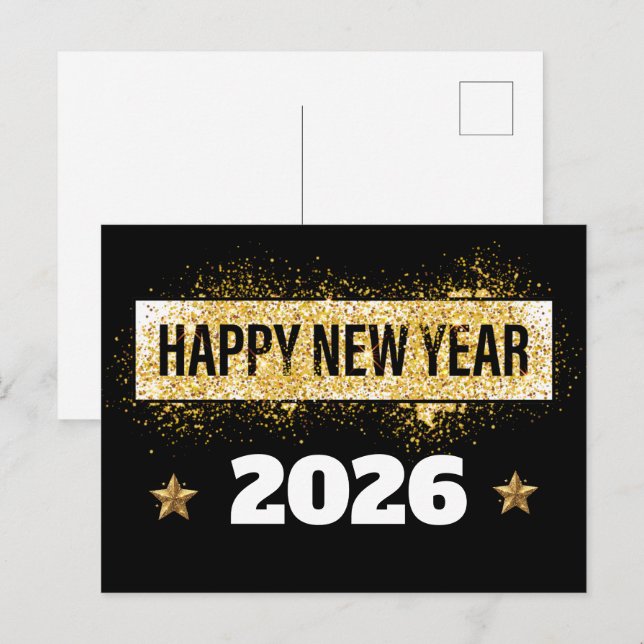 Postal 2026 ¡Feliz Año Nuevo! Luminosas estrellas doradas (Anverso / Reverso)