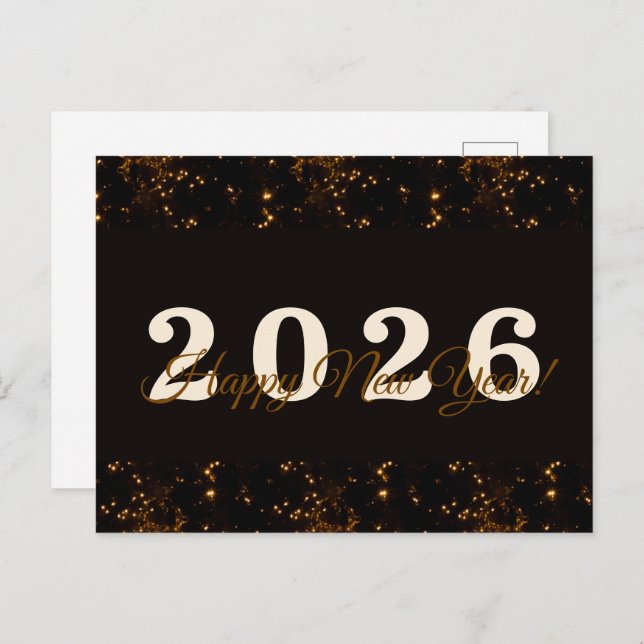 Postal 2026, ¡Feliz año nuevo! Purpurina dorado de fondo  (Anverso / Reverso)