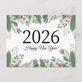 Postal 2026 Feliz año nuevo, vegetación festiva y bayas r