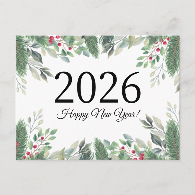 Postal 2026 Feliz año nuevo, vegetación festiva y bayas r (Anverso)