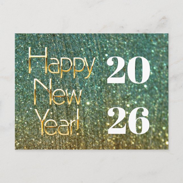 Postal 2026, Purpurina Verde Dorado Feliz Año Nuevo (Anverso)