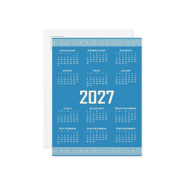 Postal 2027 Calendar, Greek Fret, Cosmic Latte on Blue (Anverso/Reverso In Situ)