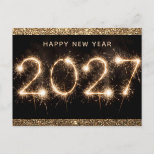 Postal 2027 Feliz Año Nuevo Moderno Negro y Dorado Brilla