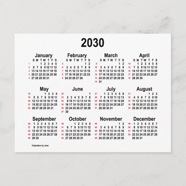 Postal 2030 Blanco 52 semanas Mini Calendario de Janz (Anverso)