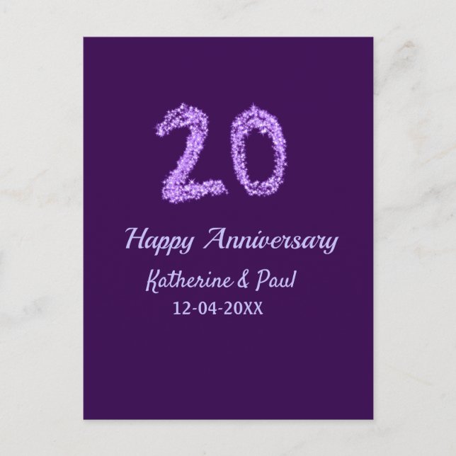 Postal 20.º feliz aniversario añada pareja fecha púrpura (Anverso)