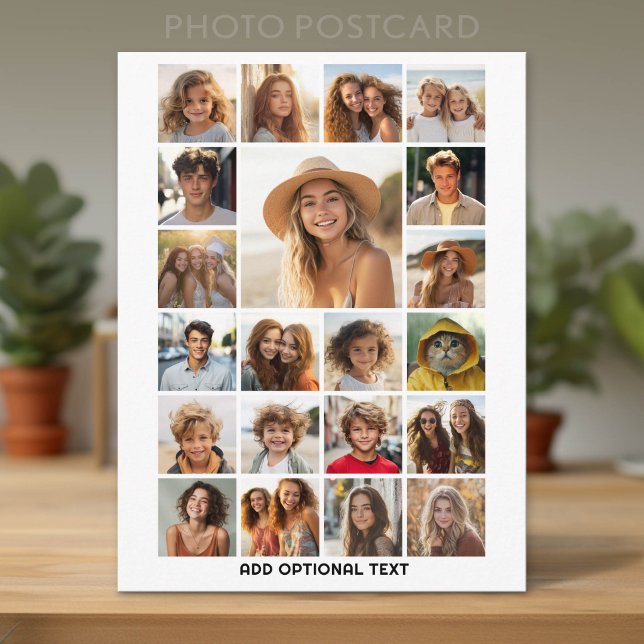 Postal 21 Colaje de Fotos - Texto Personalizado - Blanco  (Custom Photo Postcard with Lots of Pictures)