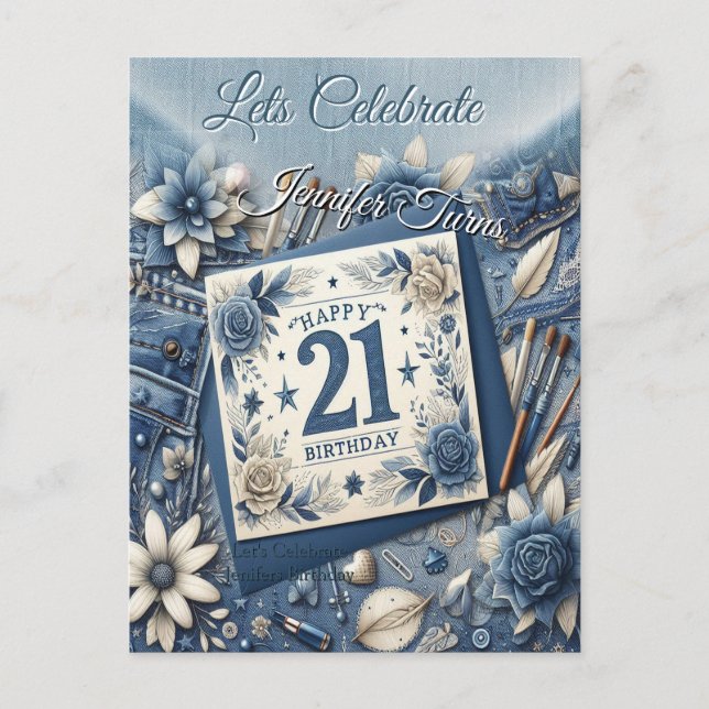 Postal 21 cumpleaños Almond flor crema azul (Anverso)