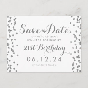 Postal 21 cumpleaños Silver Salven la fecha Confetti blan