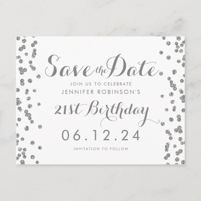 Postal 21 cumpleaños Silver Salven la fecha Confetti blan (Anverso)