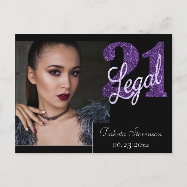 Postal 21 y Legal | Cumpleaños 21 de Purpura con Brillo F (Anverso)