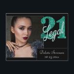 Postal 21 y legal | Green 21st Birthday Photo You<br><div class="desc">¡Tener 21 años y finalmente ser legal es un gran hito! Este tema de cumpleaños "21 y legal" inspirado en el grunge glam presenta un falso purpurina con un overlay de guiones para la manera perfecta de celebrar y conmemorar el evento. Para personalizaciones u otros colores, por favor visite JustFharryn...</div>
