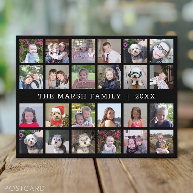 Postal 24 Collage de fotos con apellido Fecha - negro (Custom Personalized Photo Collage Postcard)