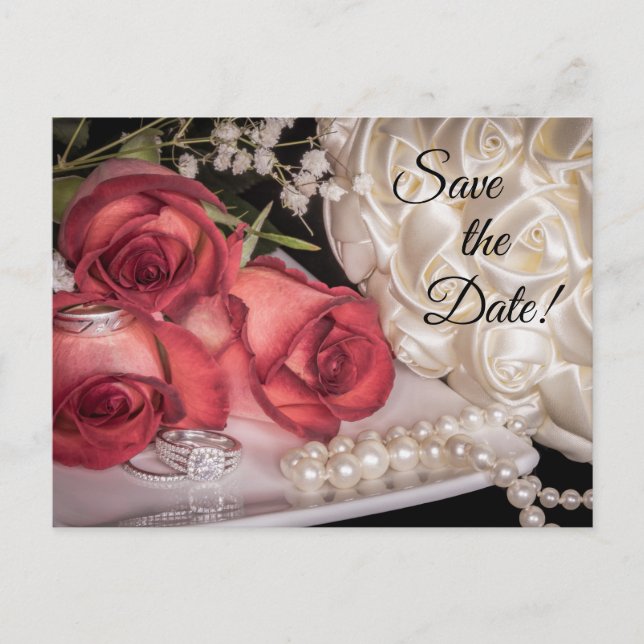 Postal 2586-Rosas blancas y rojas, anillos, buquet, perla (Anverso)