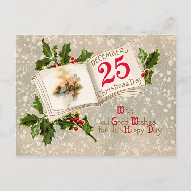 Postal 25 de diciembre Nieve de la Iglesia Holly (Anverso)
