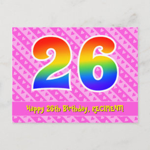 Postal 26º cumpleaños: Rayas rosas y corazones, arco iris