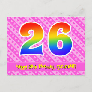 Postal 26º cumpleaños: Rayas rosas y corazones, arco iris