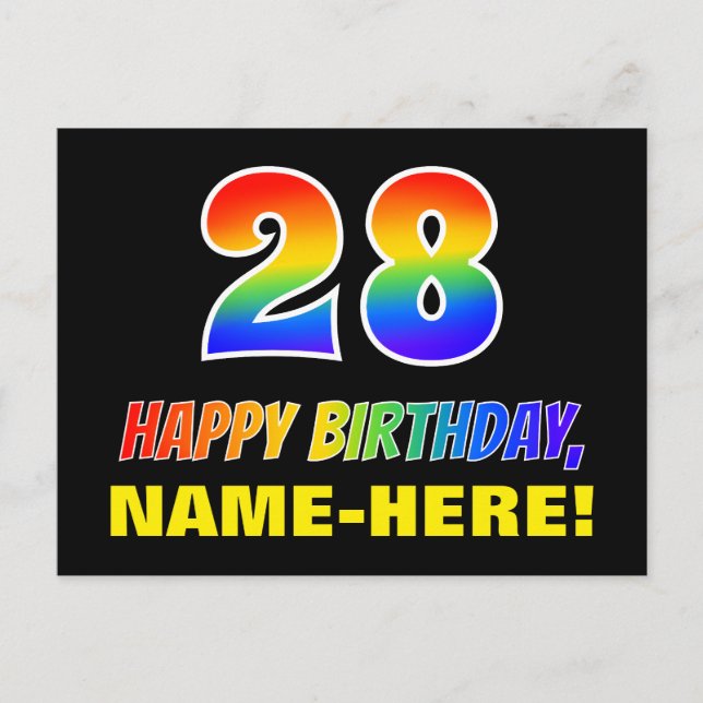 Postal 28º cumpleaños: audaz, divertido, simple, arcoiris (Anverso)