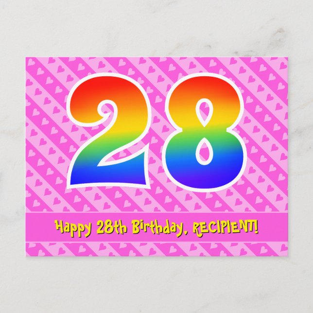 Postal 28º cumpleaños: Rayas y corazones rosados, arco ir (Anverso)