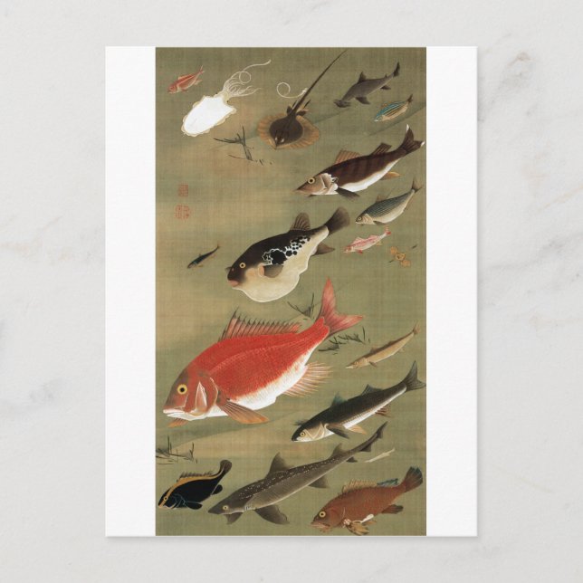 Postal 28. 群 魚 図, 若 冲 varios pescados, Jakuchū, Japón Art (Anverso)