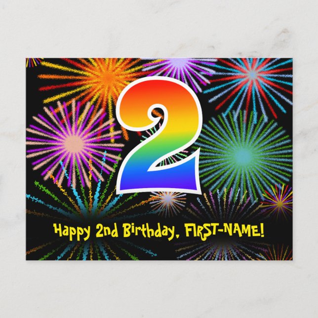 Postal 2do Cumpleaños – Divertido Patrón de Fuegos Artifi (Anverso)