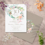 Postal 30.º Boda Aniversario Sorpresa Fiesta Floral<br><div class="desc">Con una delicada acuarela de vegetación floral, esta moda fiesta botánico sorpresa con 30 años de boda se puede personalizar con su información especial de aniversario de perlas. El reverso presenta una guirnalda floral que enmarca las fechas del aniversario en un elegante texto blanco sobre un fondo perla. Diseñado por...</div>