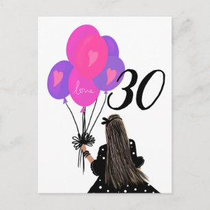 Postal 30.º Chica de cumpleaños con globo