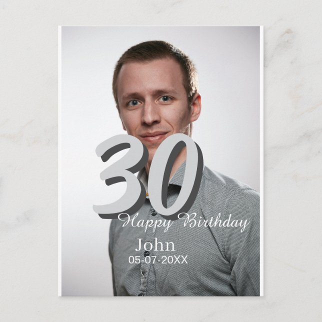Postal 30.º cumpleaños añadir nombre fecha año foto blanc (Anverso)