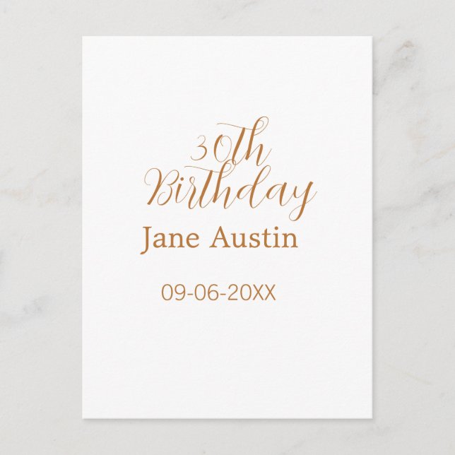 Postal 30th birthday copper brown simple stylish name dat (Anverso)