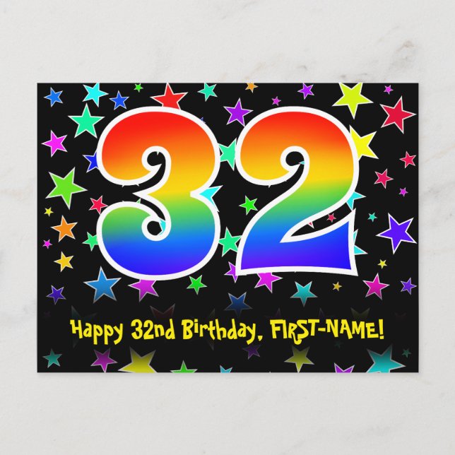 Postal 32° cumpleaños: Patrón de estrellas divertidas, ar (Anverso)