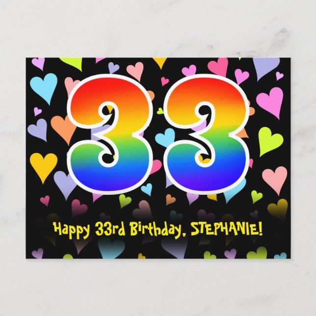 Postal 33.º cumpleaños: Patrón de corazones divertidos, a (Anverso)