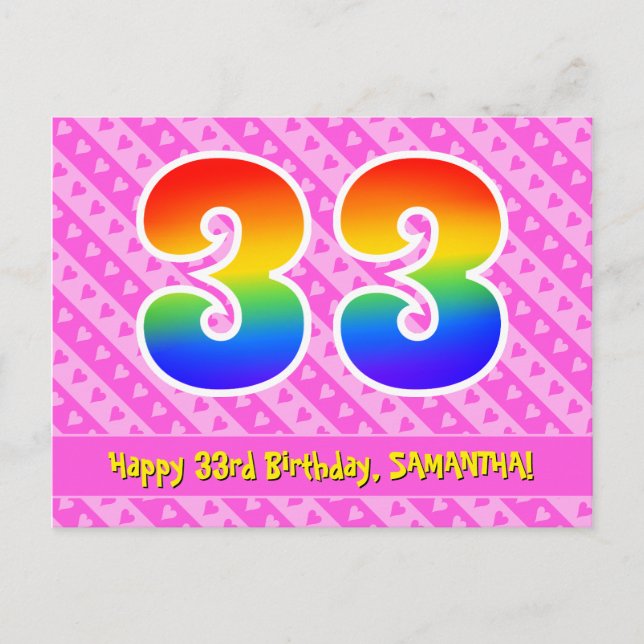 Postal 33° cumpleaños: Rayas y corazones rosas, arcoiris  (Anverso)