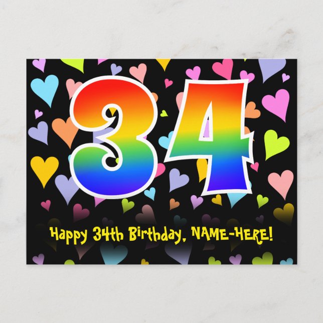 Postal 34º cumpleaños: Patrón de corazones divertidos, ar (Anverso)
