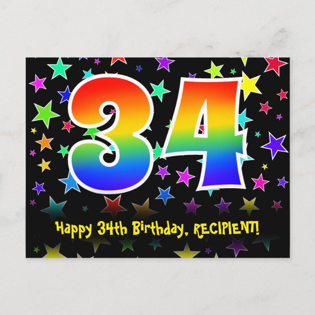 Postal 34 Cumpleaños: Patrón de Estrellas Divertidas, Arc (Anverso)