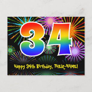 Postal 34 Cumpleaños – Patrón Divertido de Fuegos Artific