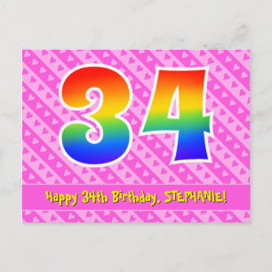 Postal 34° cumpleaños: Rayas rosas y corazones, arcoiris