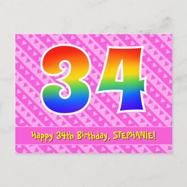 Postal 34° cumpleaños: Rayas rosas y corazones, arcoiris  (Anverso)