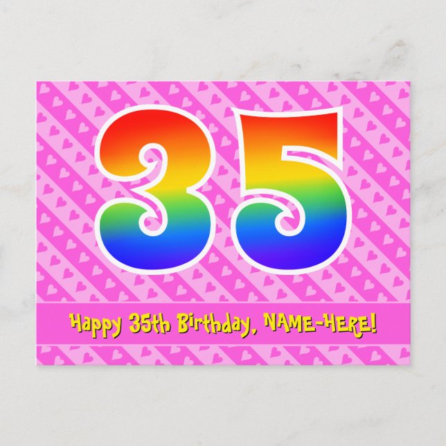 Postal 35 Cumpleaños: Rayas Rosadas y Corazones, Arcoíris (Anverso)
