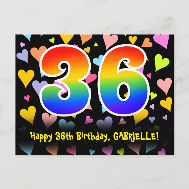 Postal 36 Cumpleaños: Diversión Corazones Patrón, Arcoíri (Anverso)