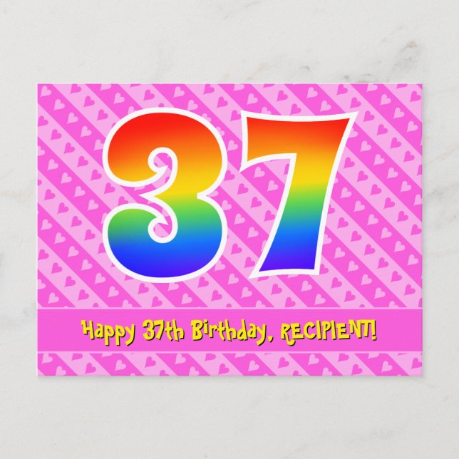 Postal 37 cumpleaños: rayas rosadas y corazones, arcoíris (Anverso)