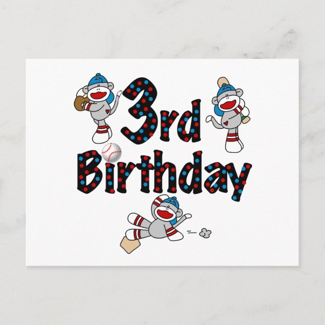 Postal 3.ᵉʳ cumpleaños del Béisbol de los monos Sock (Anverso)
