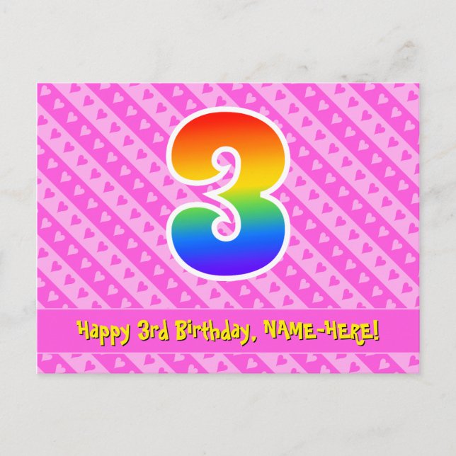 Postal 3.ᵉʳ cumpleaños: Rayas y corazones rosas, arcoiris (Anverso)